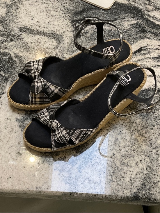 Denver Hayes Shoes - Denver Hayes Black Plaid Espadrille Wedge Sandals